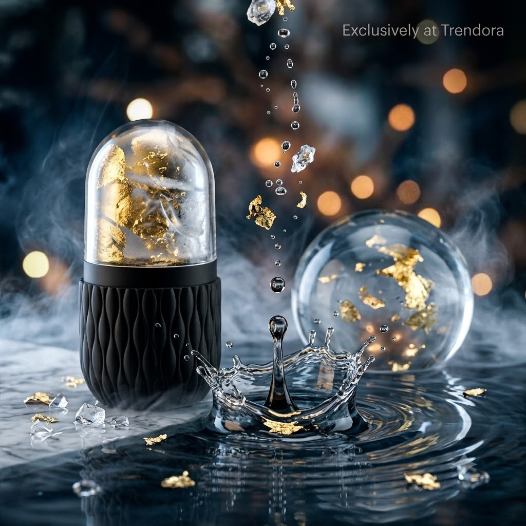 Trendora Ice Face Roller in Black with gold leaf ice cubes — cryo facial tool