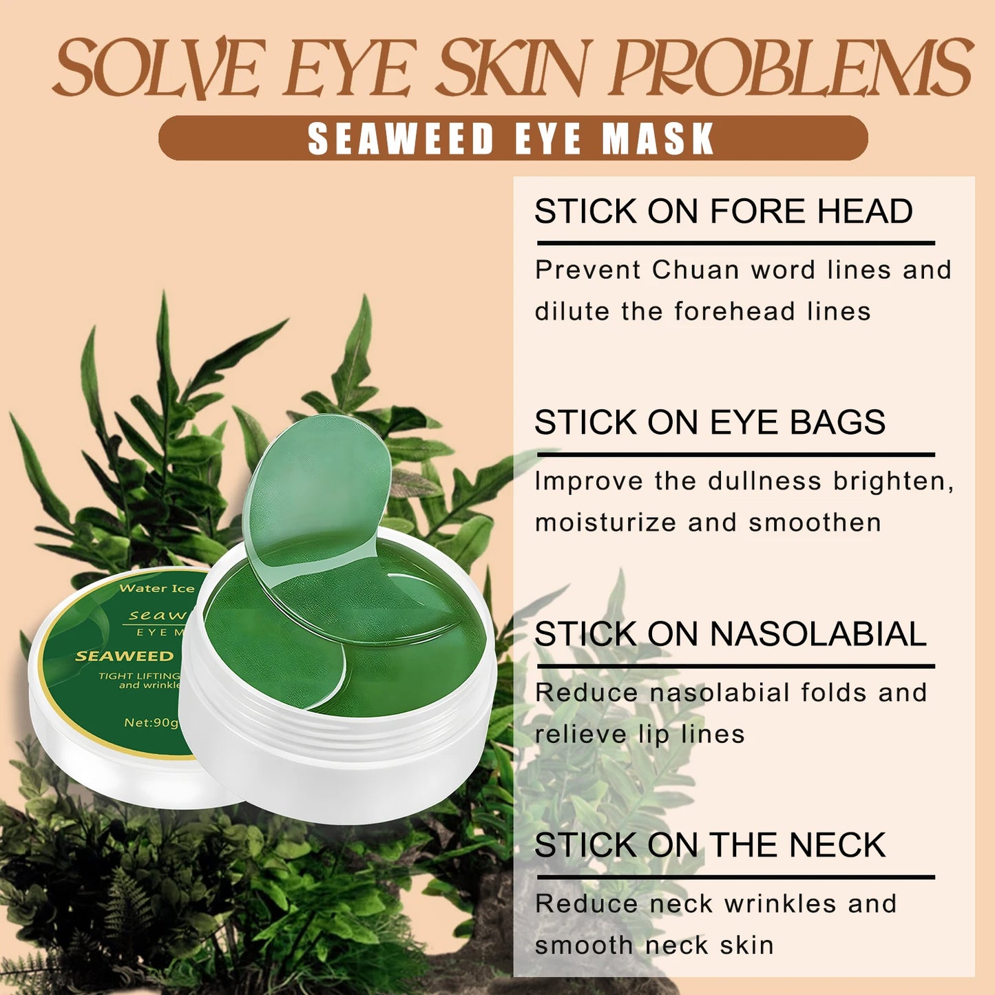 60-Piece Seaweed Hyaluronic Acid Eye Mask for Dark Circle Reduction and Collagen Support in Facial Care