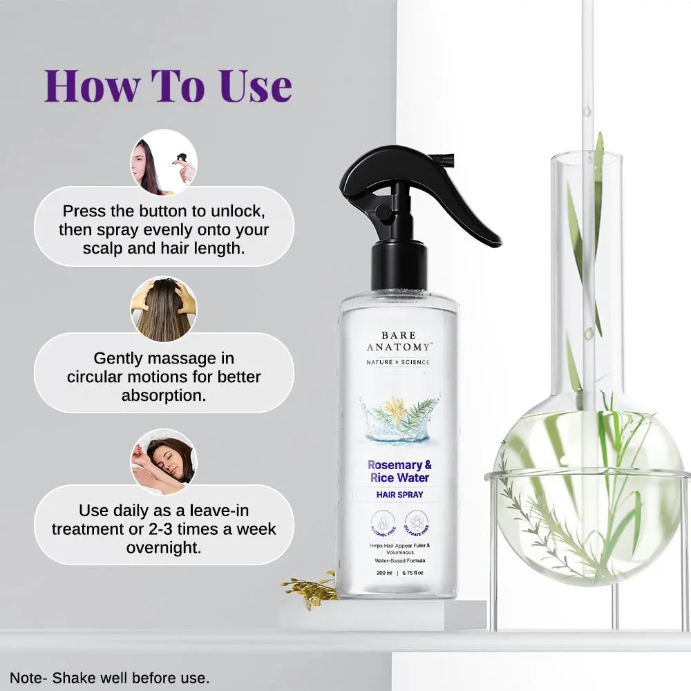 Bare Anatomy Nature X Science Rosemary and Rice Water - 100% Natural Extract for Soft, Smooth Hair - Non-Greasy and Fast Absorbing - 200 ml