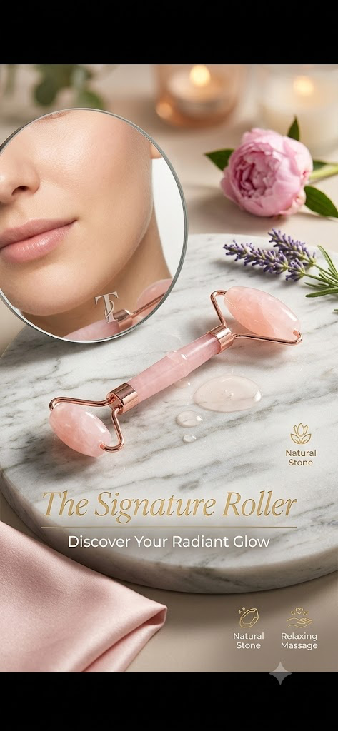 Trendora Signature Rose Quartz Face Roller on marble with peony and lavender — natural stone facial massage tool
