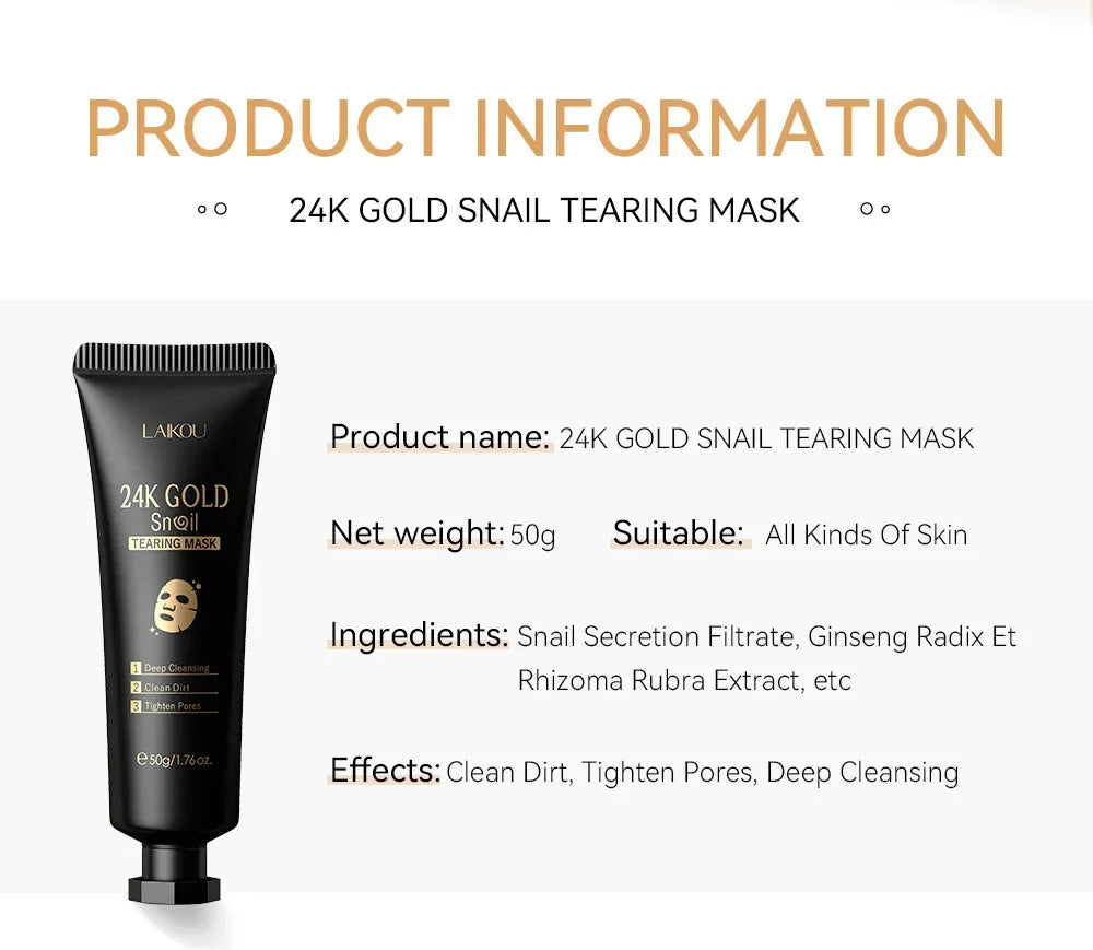 24K Gold Snail Peel-Off Mask - Advanced Pore Cleansing and Blackhead Removal for Detoxified, Radiant Skin Care (50g)